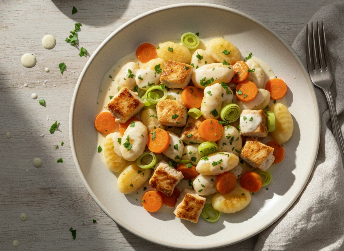 Frango com legumes e nhoque ao molho branco photo