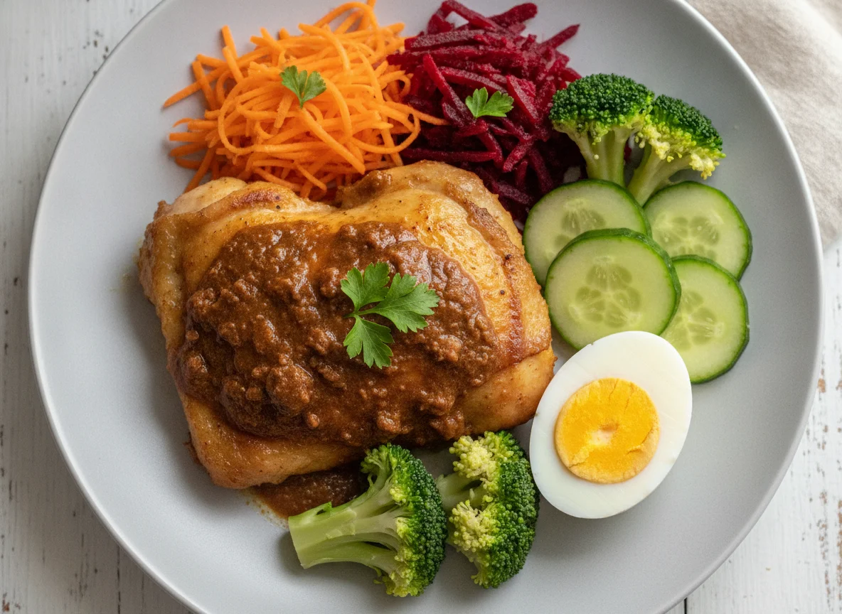 Frango com legumes e ovo cozido photo