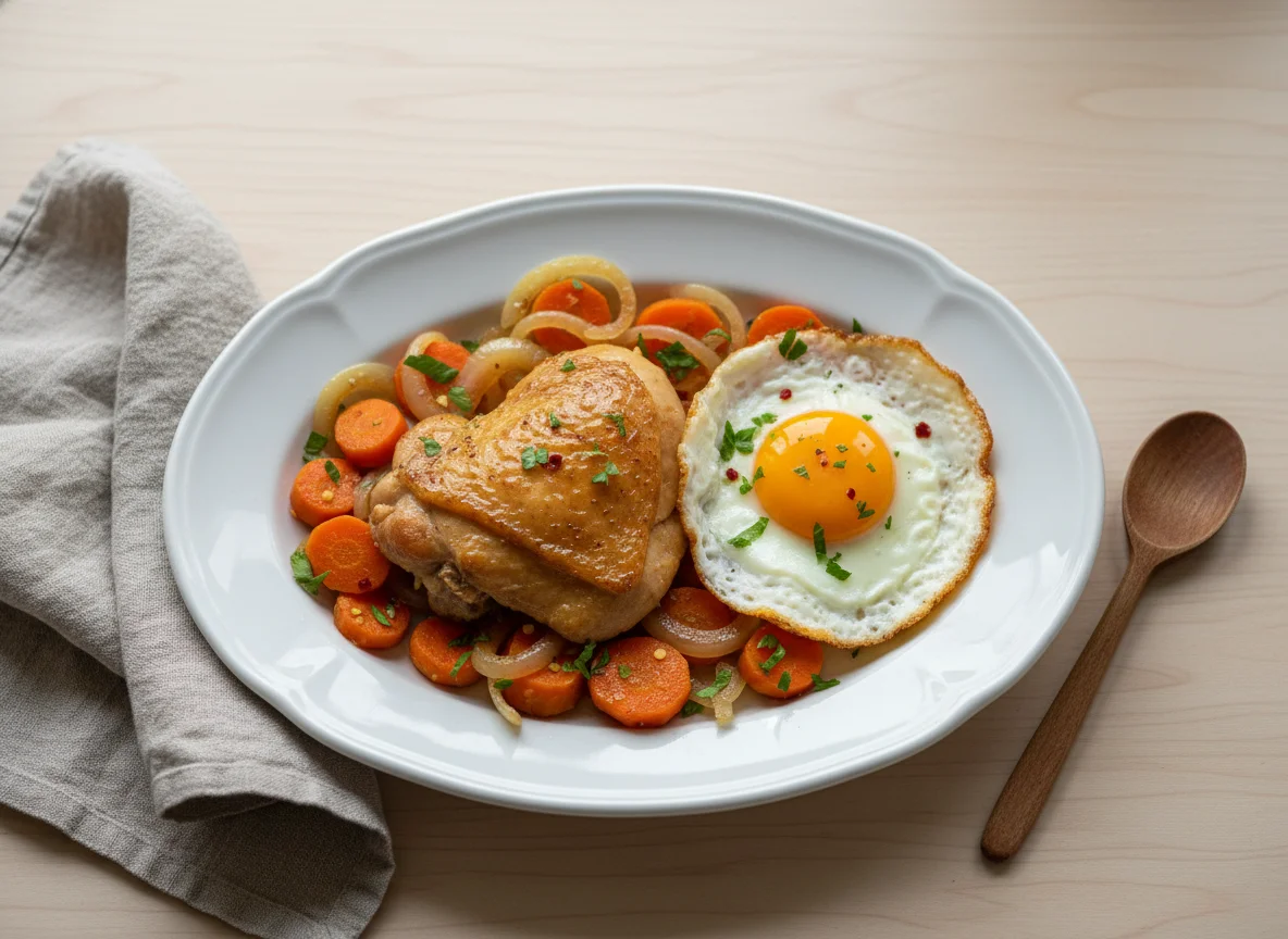 Frango com legumes e ovo frito photo