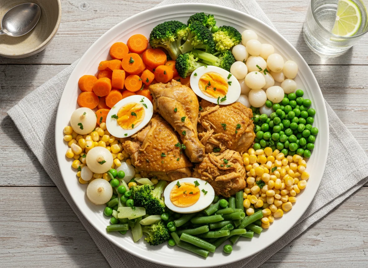 Frango com legumes e ovos cozidos photo