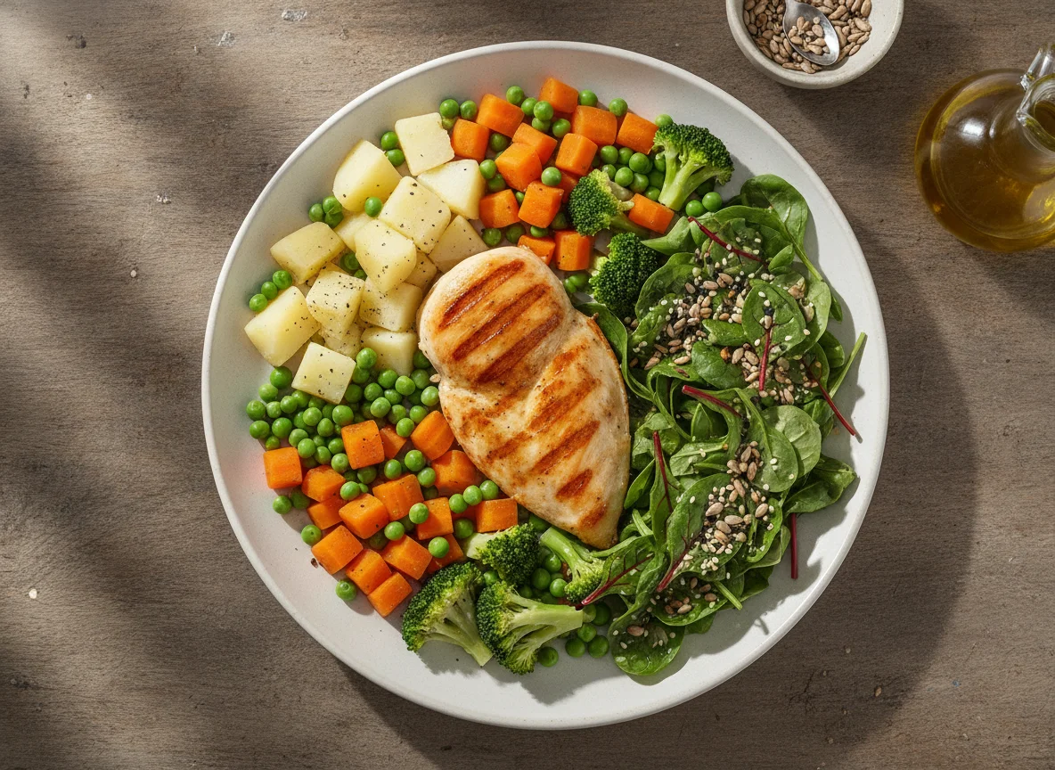 Frango com legumes e salada de sementes photo