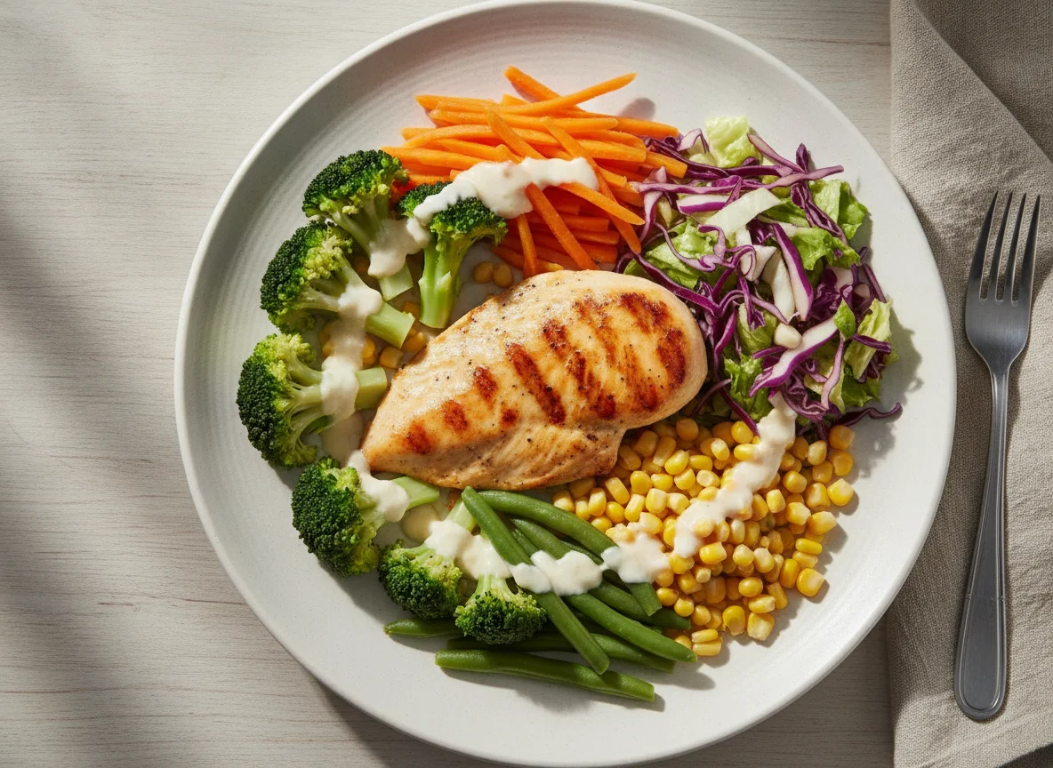 Frango com legumes e salada mista photo