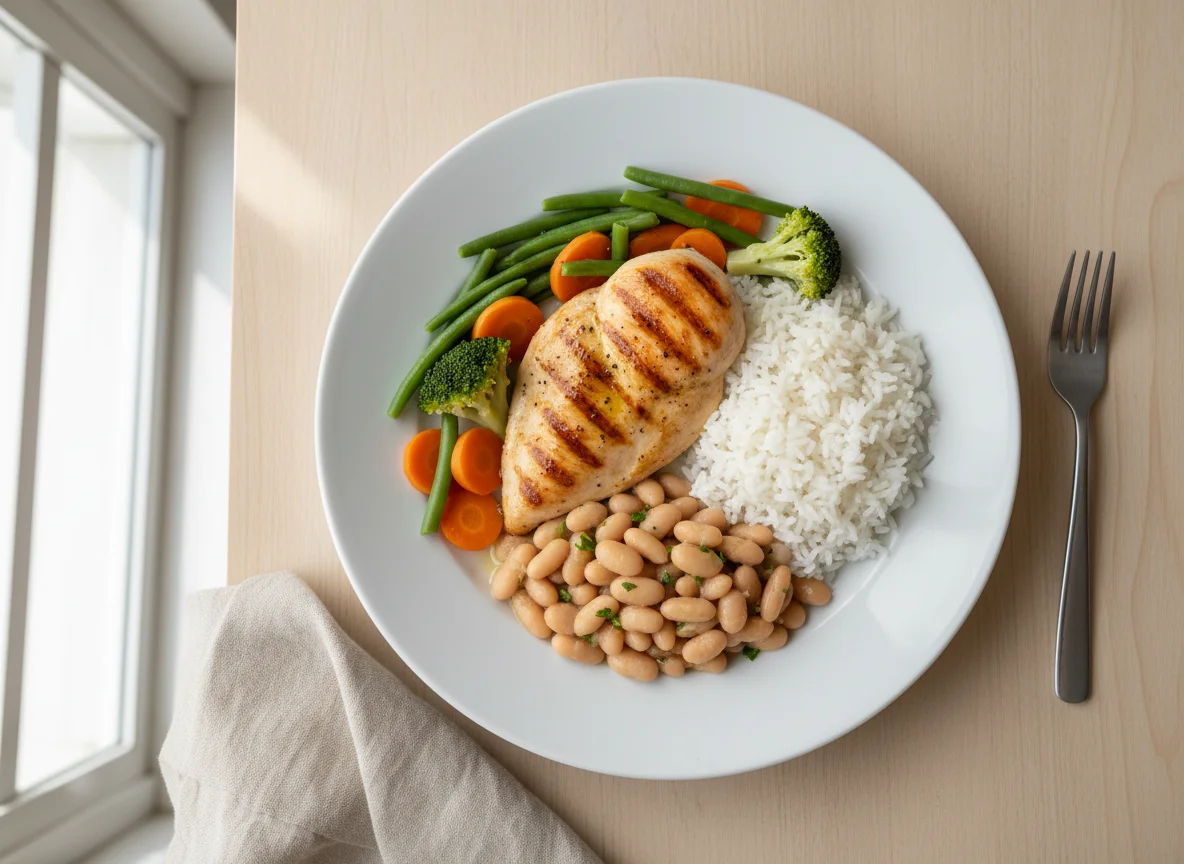 Frango com Legumes, Feijão e Arroz photo