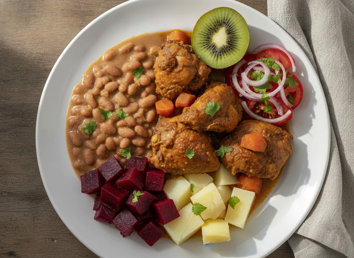 Frango com legumes, feijão e kiwi photo