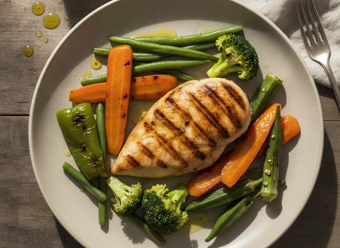 Frango com legumes grelhados photo