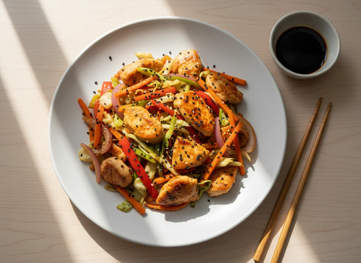 Frango com legumes salteados photo