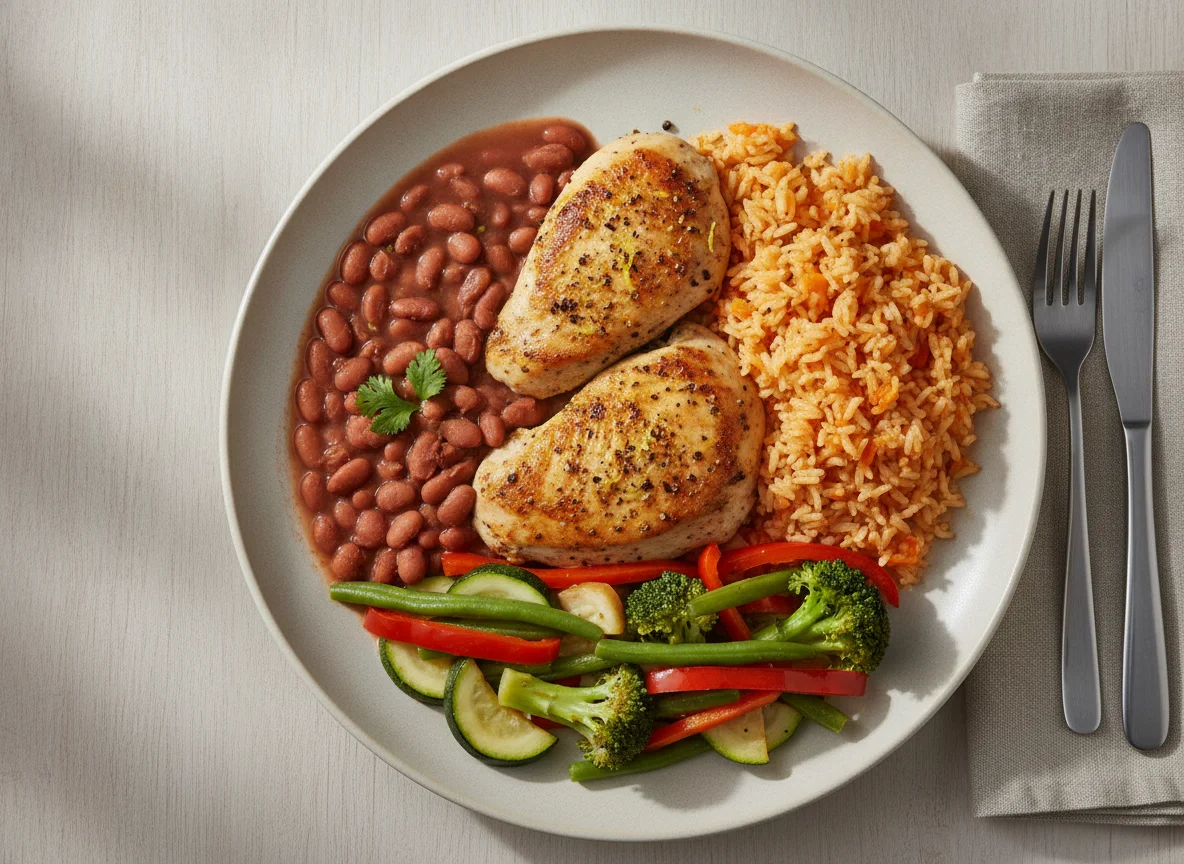Frango com lemon pepper, arroz com cenoura, feijão e legumes photo