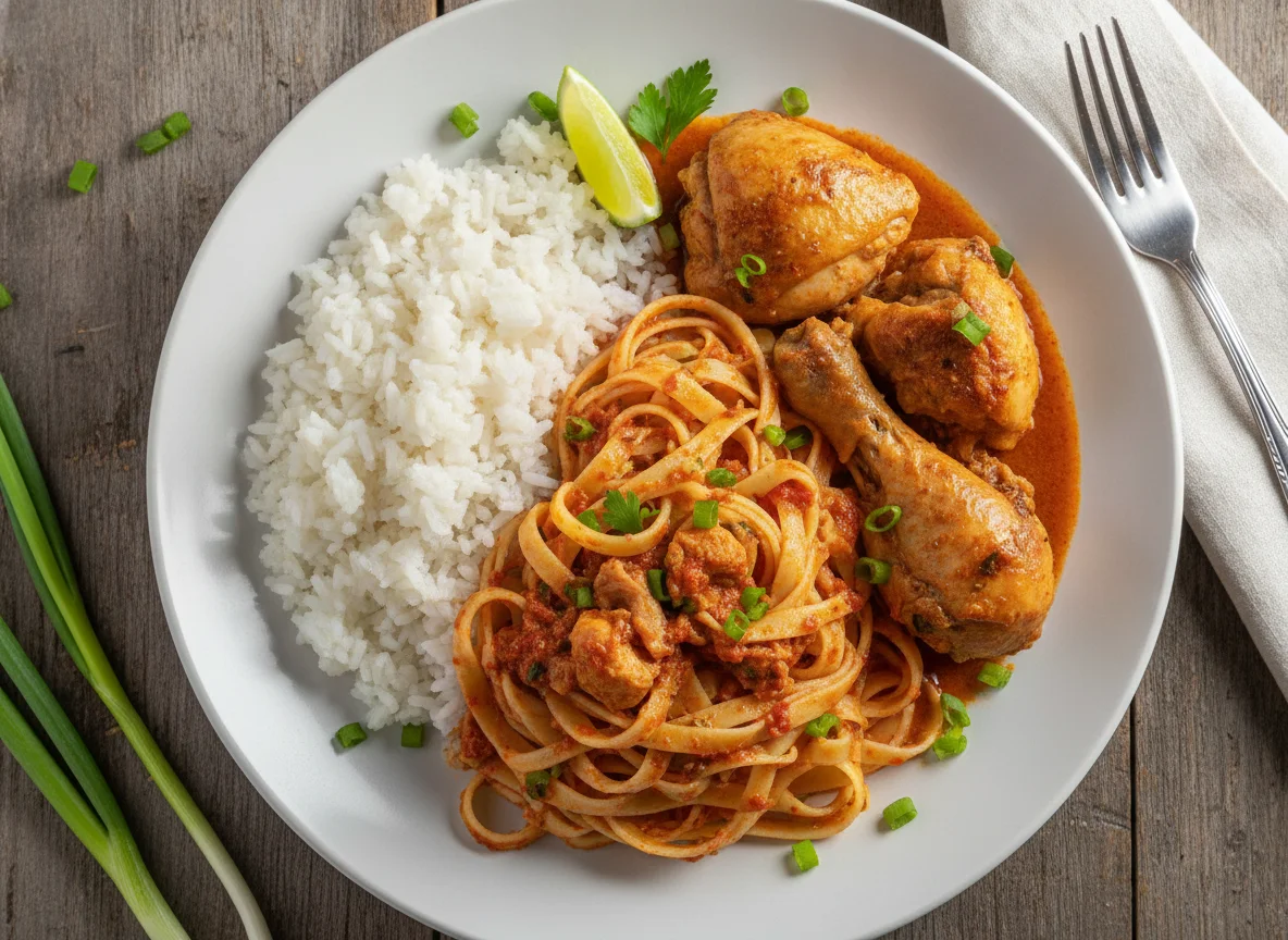 Frango com macarrão e arroz photo