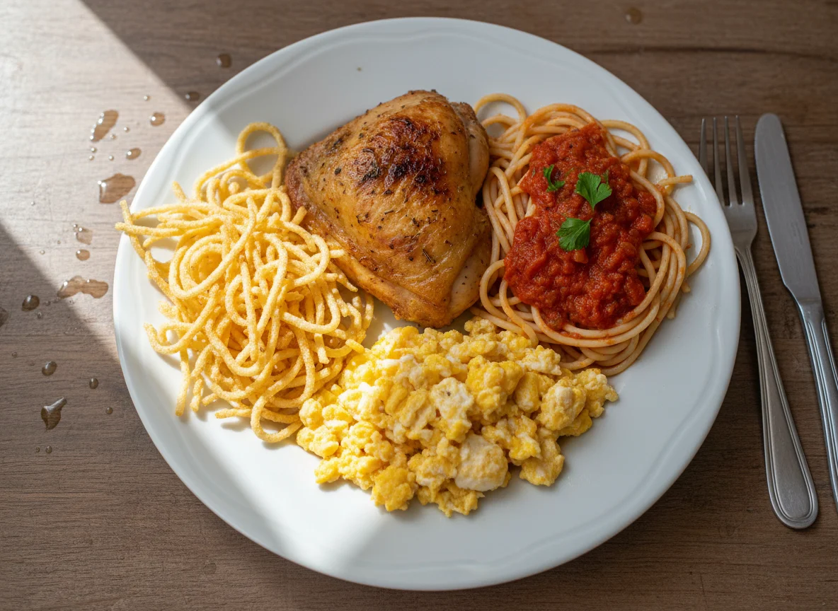 Frango com macarrão e ovos mexidos photo
