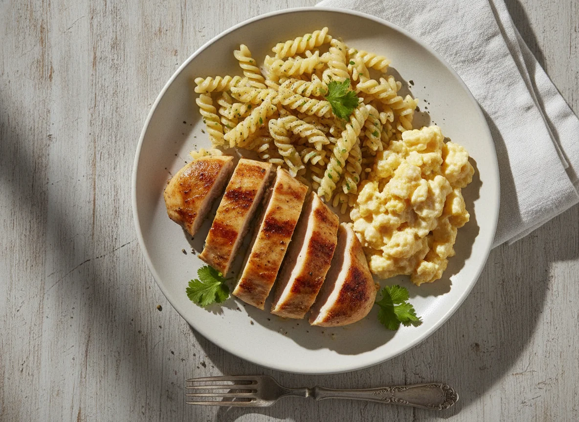 Frango com macarrão e ovos photo