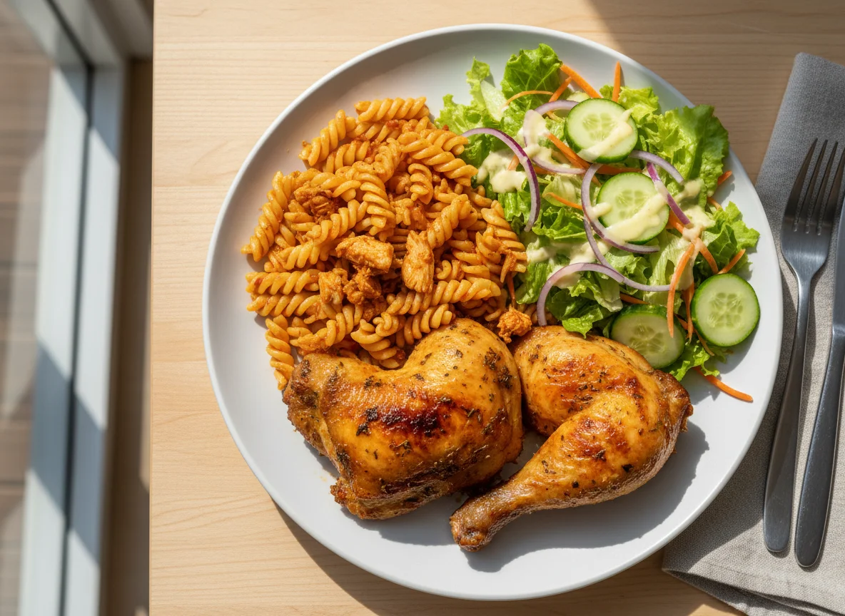 Frango com macarrão e salada photo
