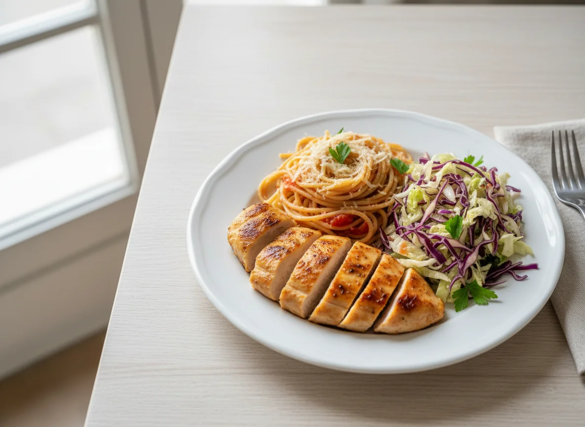 Frango com macarrão e salada de repolho photo