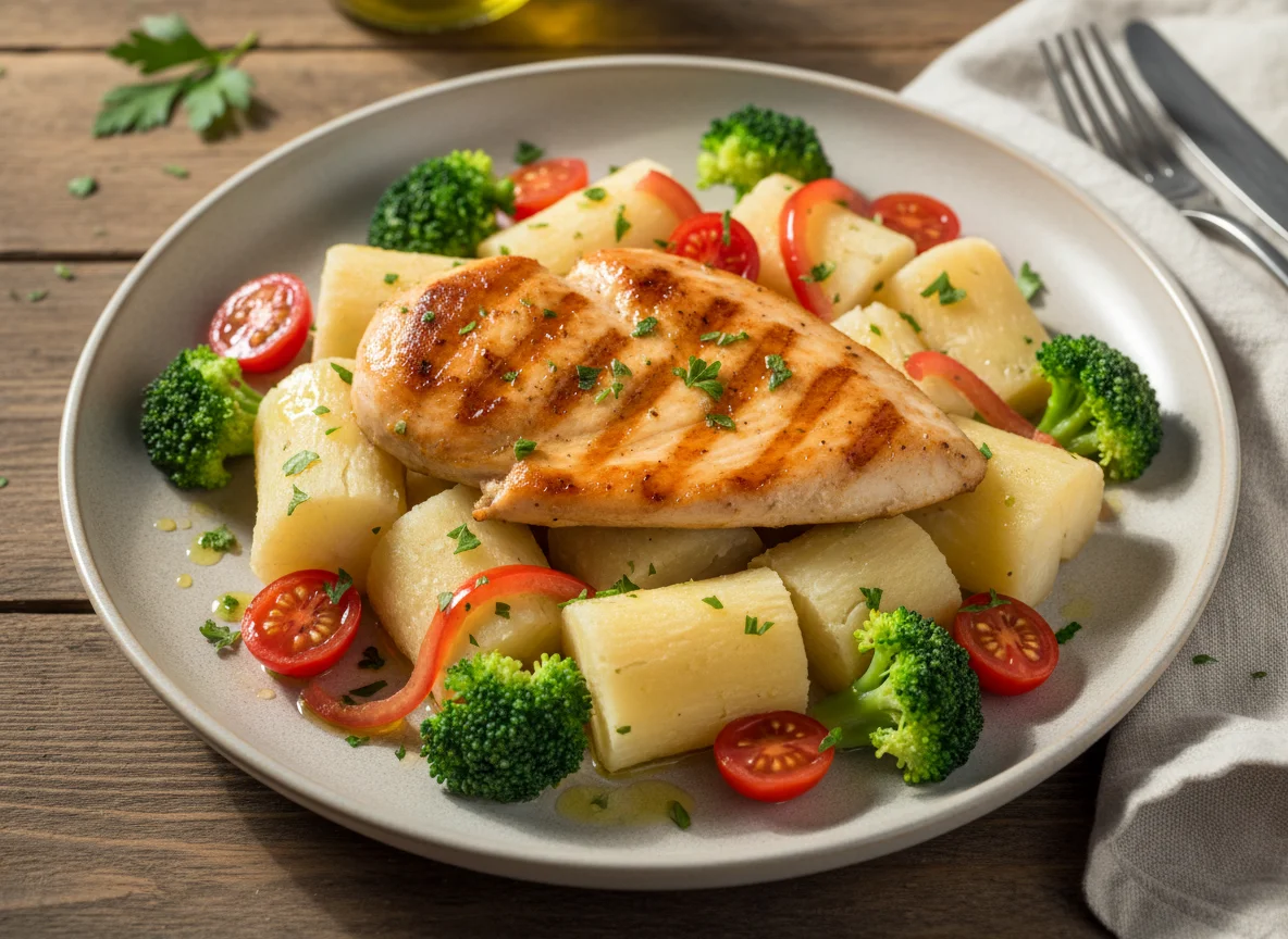 Frango com mandioca e vegetais photo
