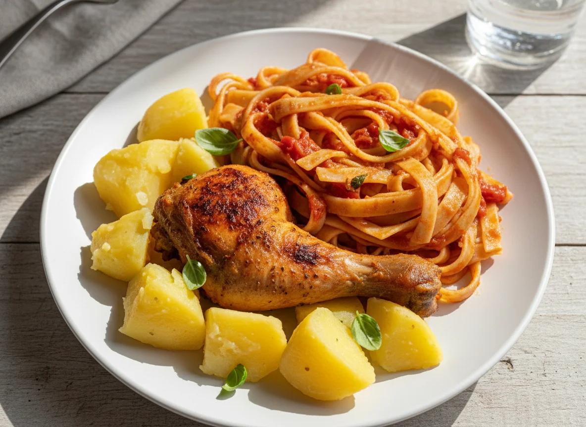 Frango com massa e batata photo