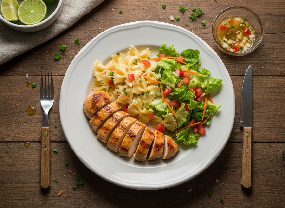 Frango com massa e salada photo