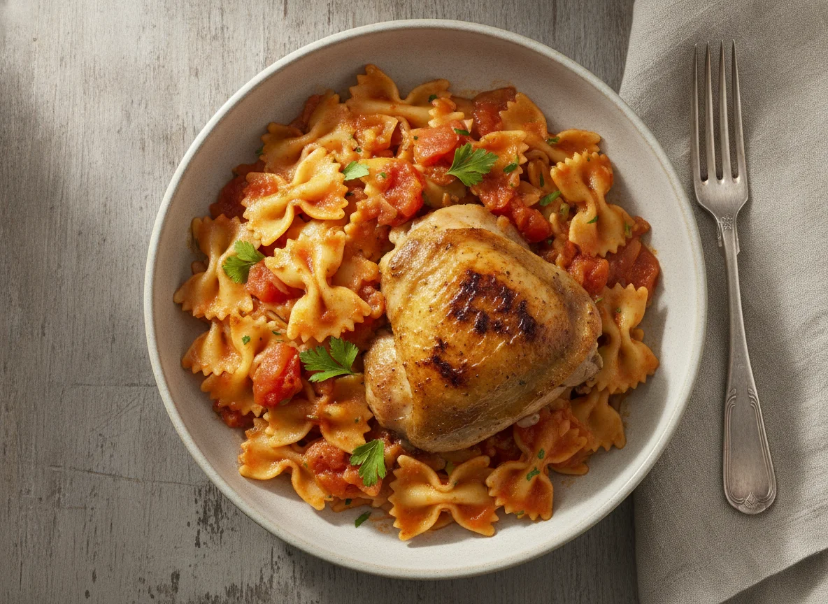 Frango com Massa Farfalle e Molho de Tomate photo