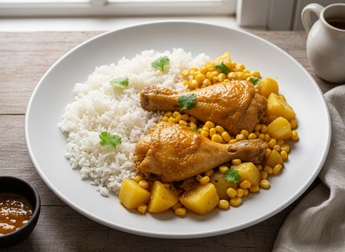 Frango com milho e batata e arroz branco photo