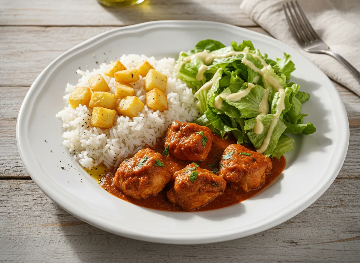 Frango com molho, arroz, batata e salada photo