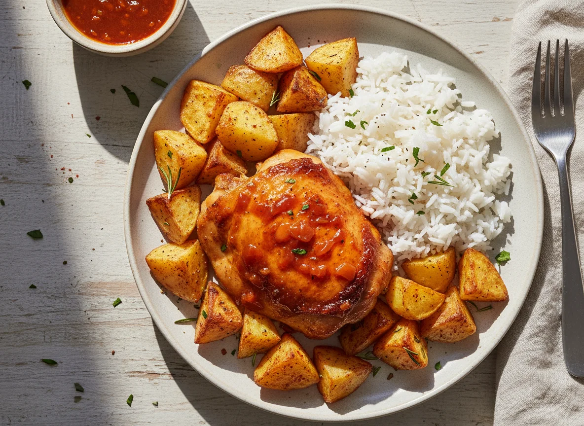 Frango com molho, arroz e batata assada photo