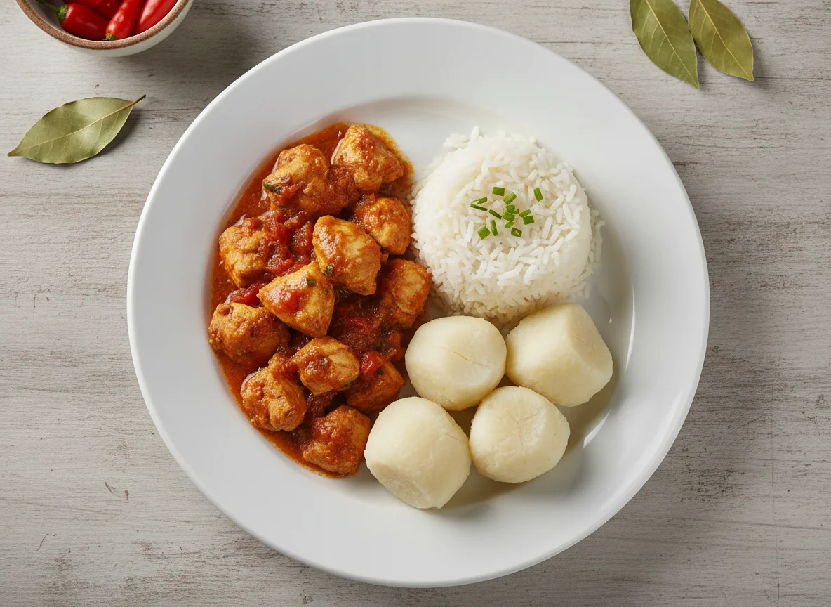 Frango com molho, arroz e inhame photo