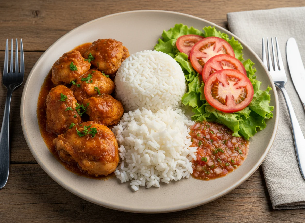 Frango com molho, arroz e salada photo