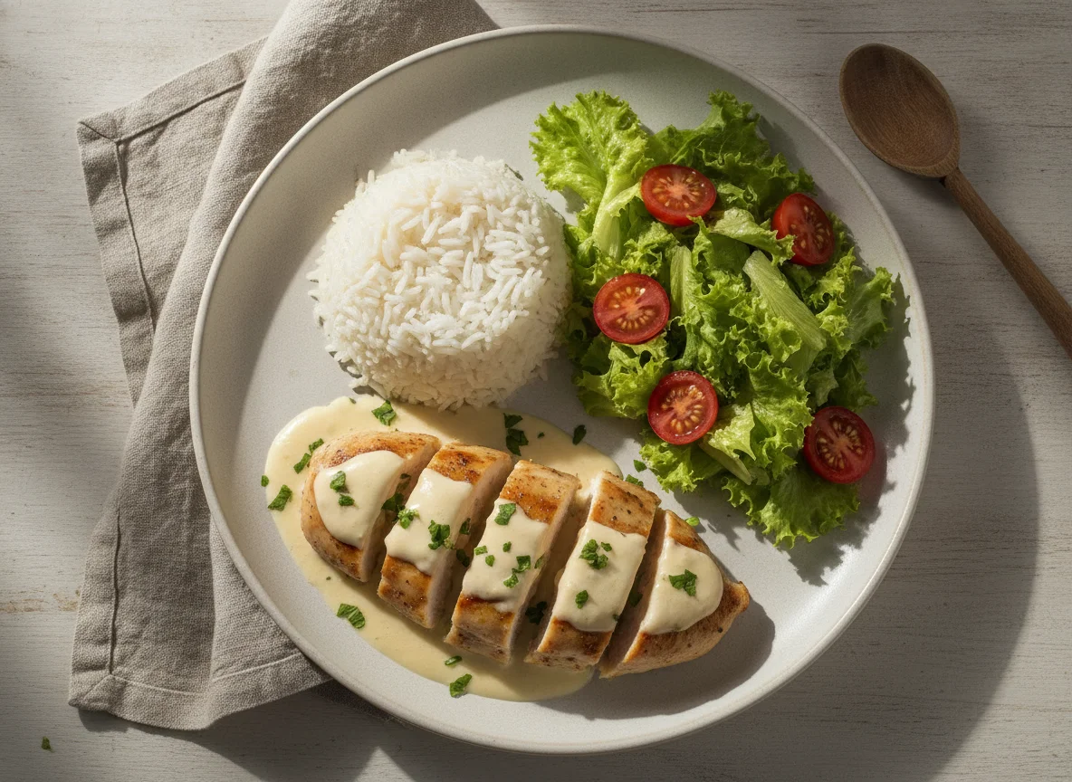Frango com molho branco, arroz e salada photo