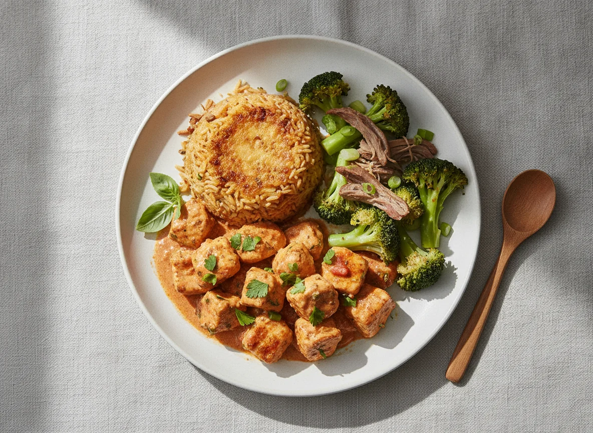 Frango com molho, brócolos e arroz de pato photo