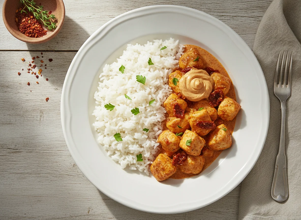 Frango com molho cremoso e arroz photo