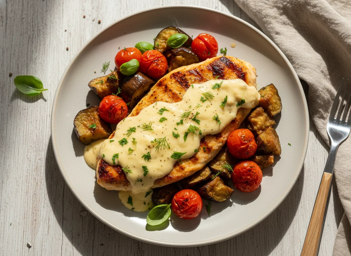 Frango com molho cremoso e legumes photo