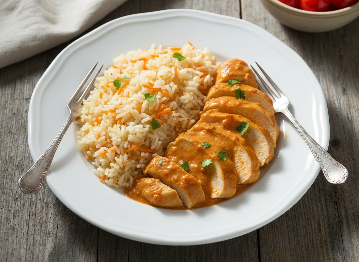 Frango com molho e arroz de cenoura photo