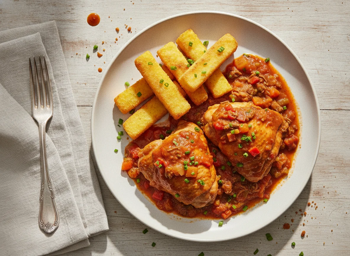 Frango com molho e polenta frita photo