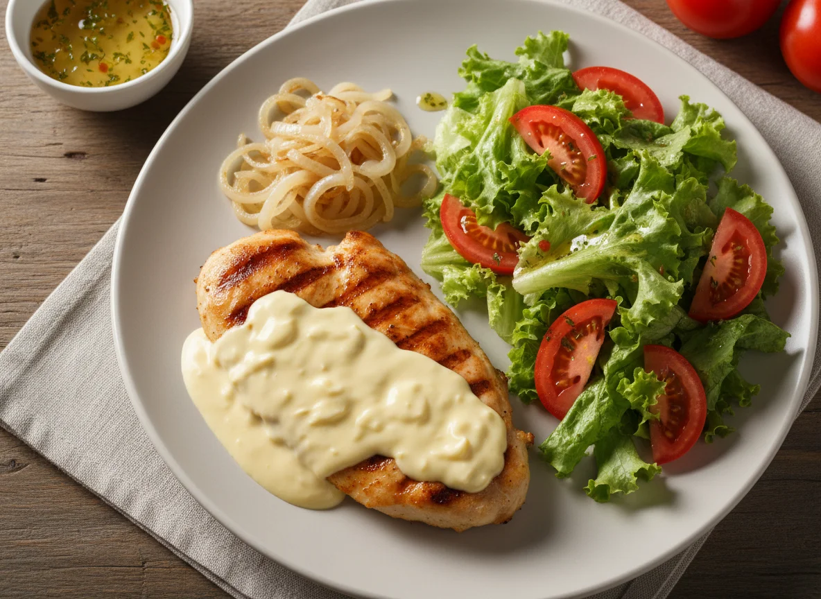 Frango com molho e salada photo