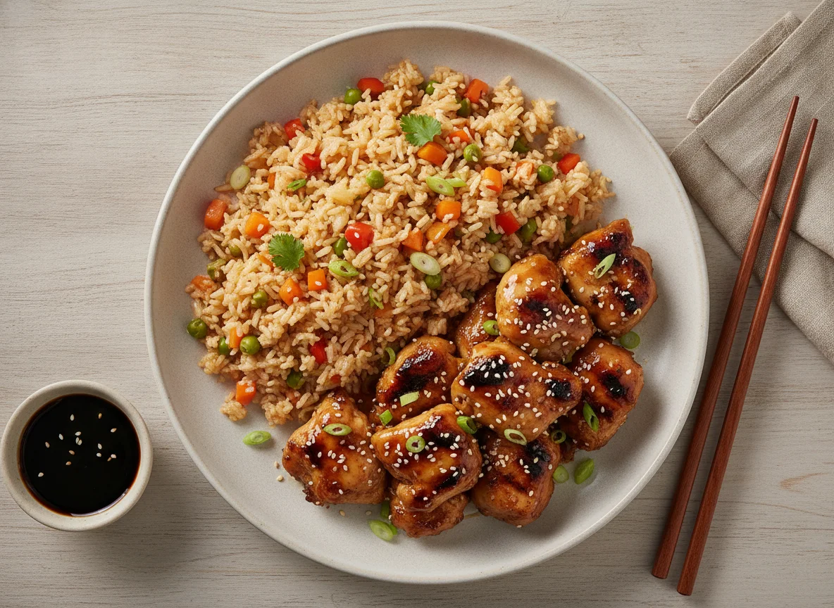 Frango com molho teriyaki e arroz oriental photo
