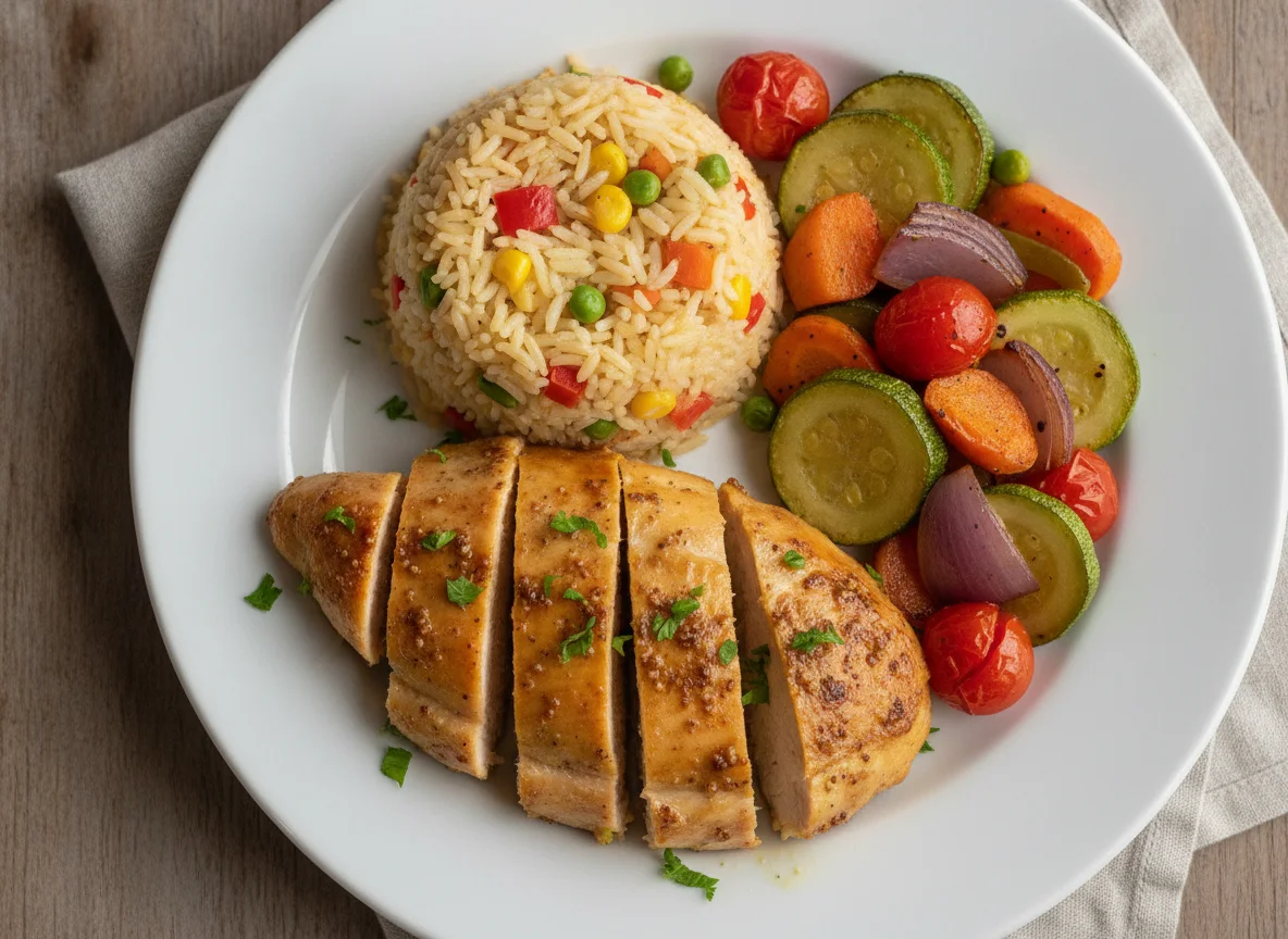 Frango com mostarda e mel, arroz e legumes assados photo