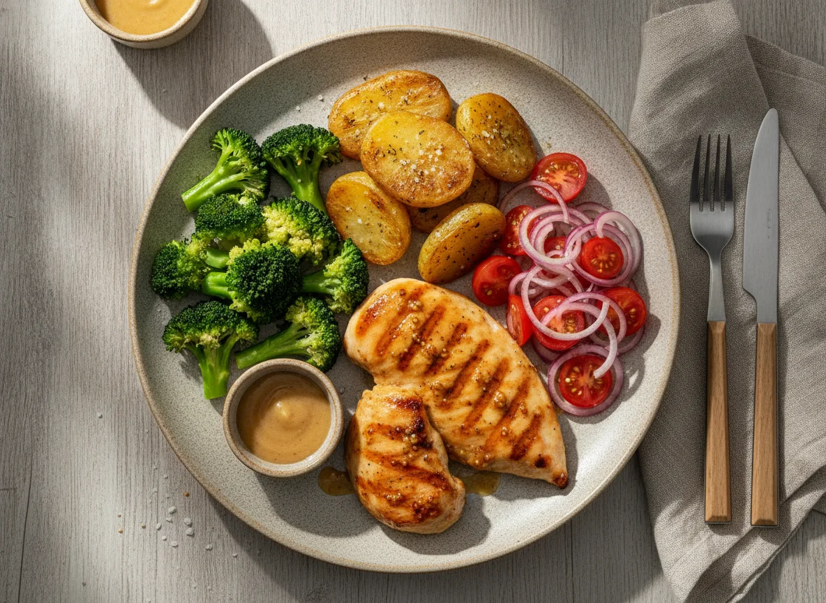 Frango com mostarda e mel, tomate com cebola, brócolis e batata assada photo