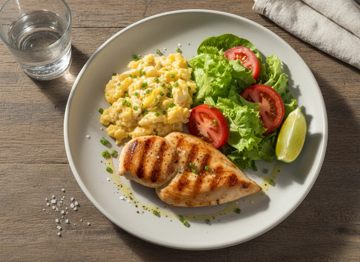 Frango com ovos mexidos e salada photo
