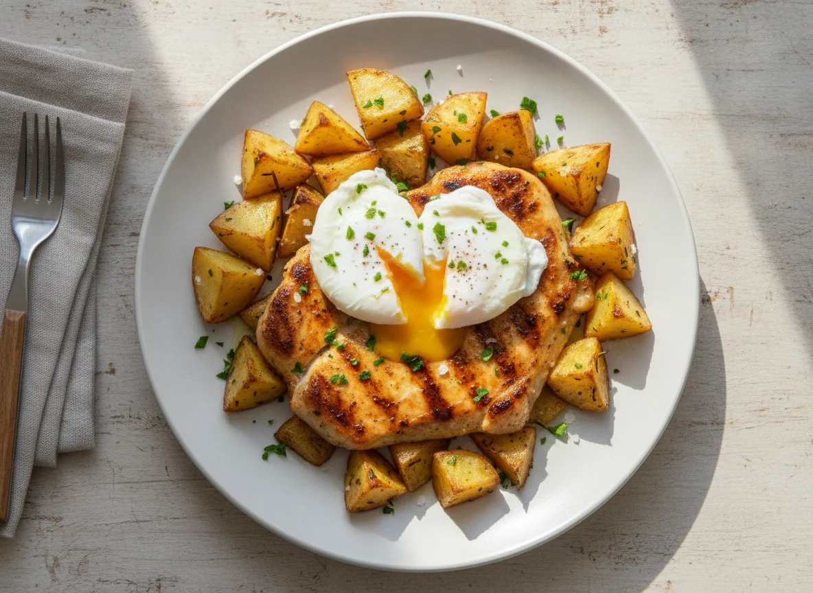 Frango com ovos pochê e batatas assadas photo