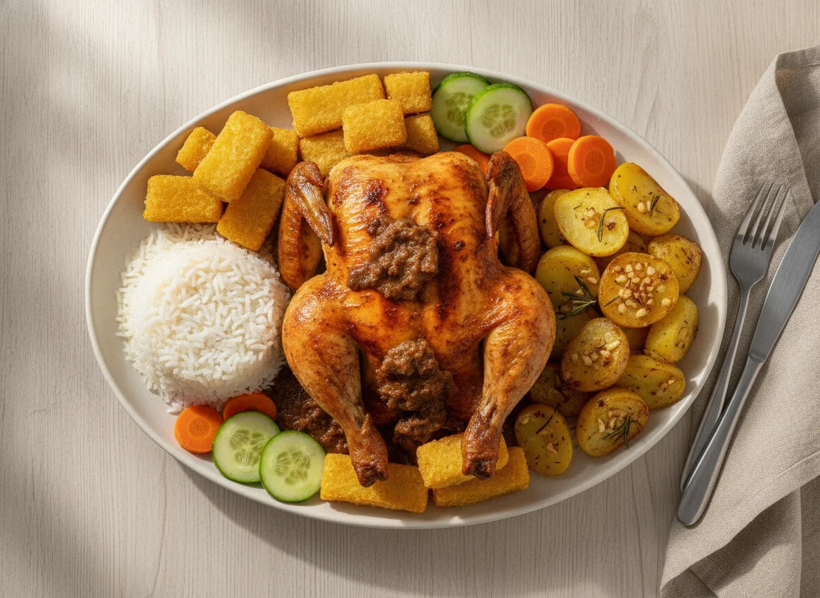 Frango com Polenta Frita, Arroz e Batatas photo
