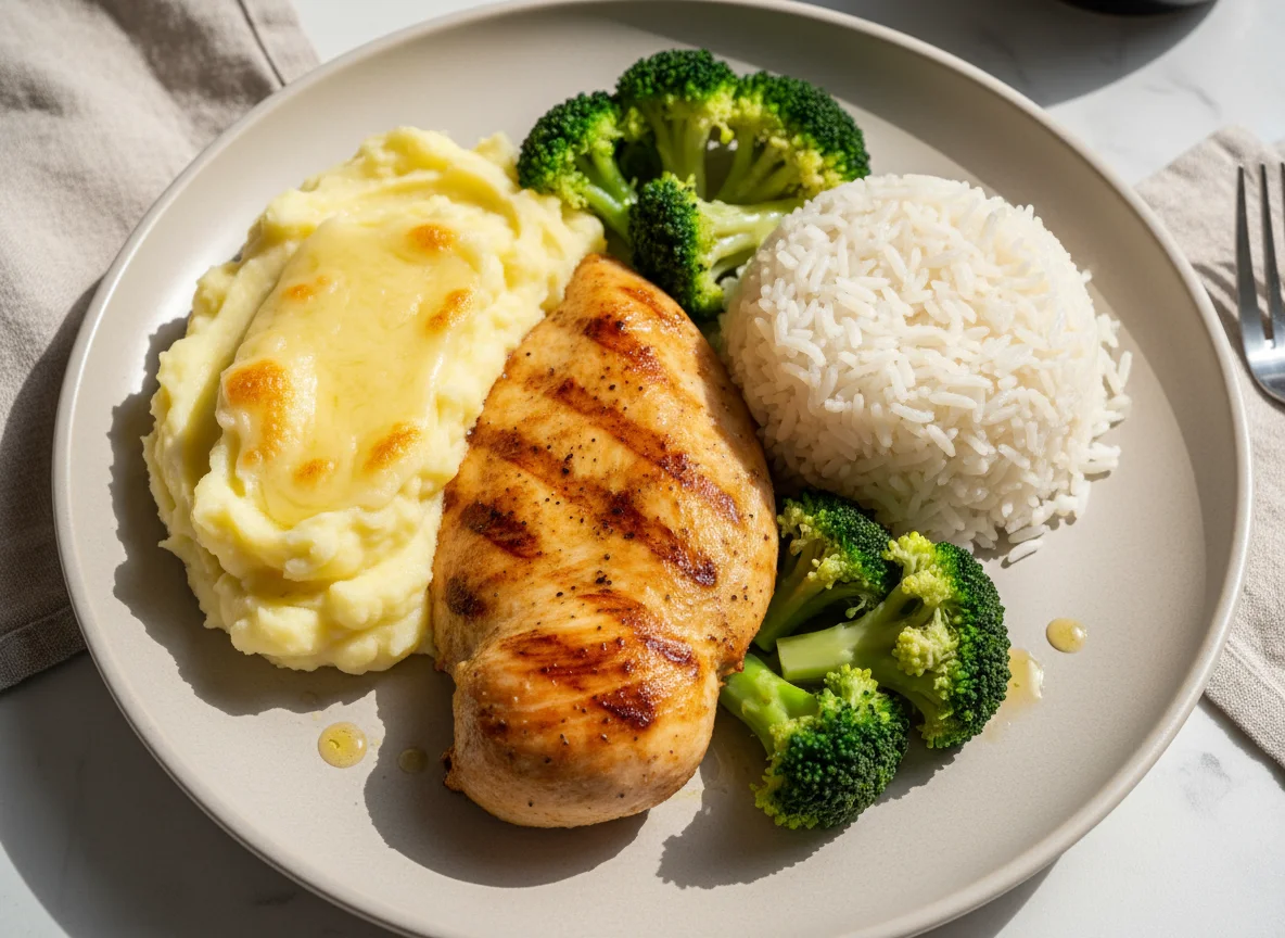 Frango com purê, brócolis e arroz photo