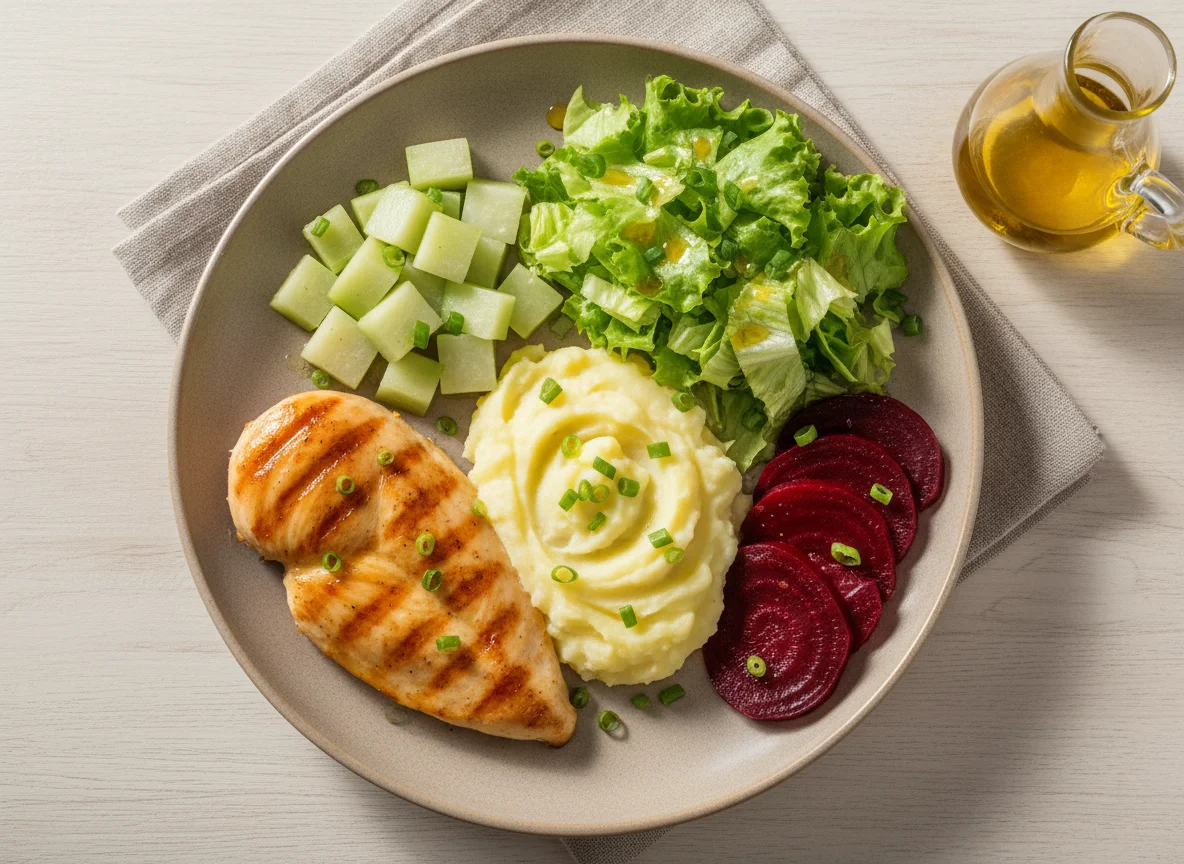 Frango com purê, chuchu, beterraba e salada photo