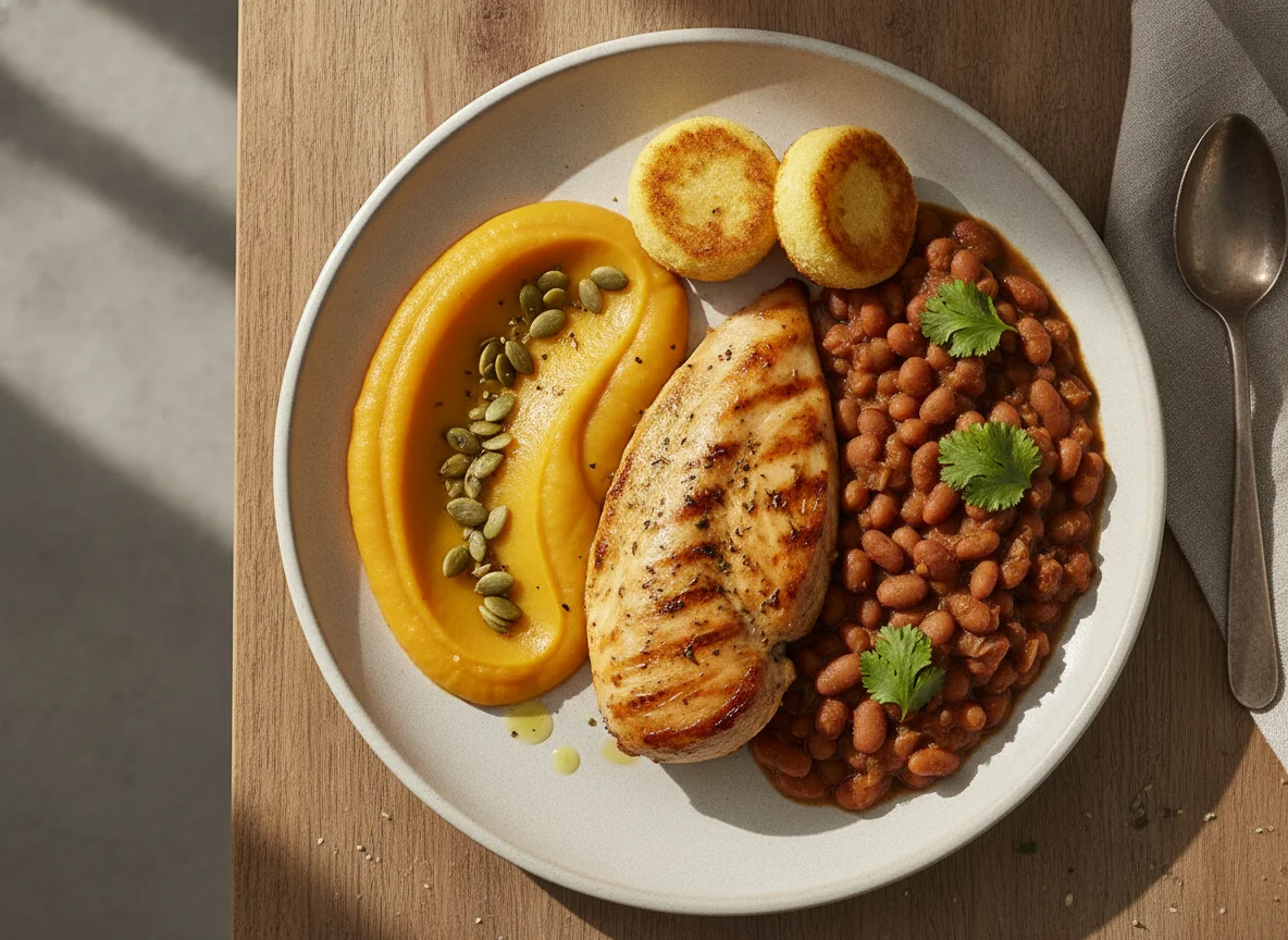 Frango com purê de abóbora e feijão photo