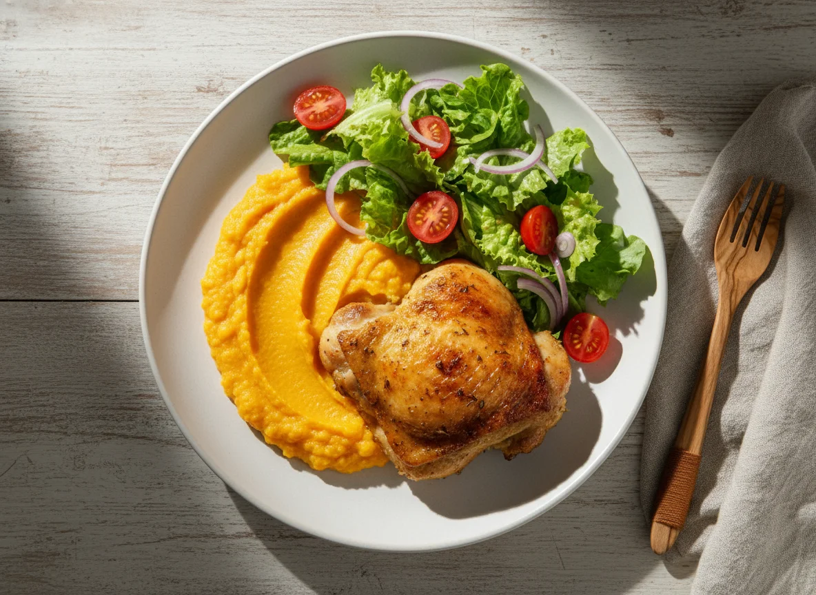 Frango com purê de abóbora e salada photo