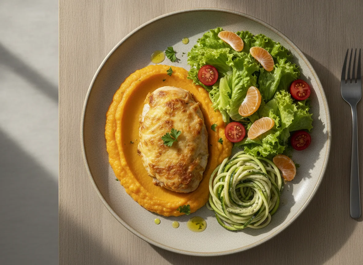 Frango com Purê de Abóbora, Espaguete de Abobrinha e Salada photo