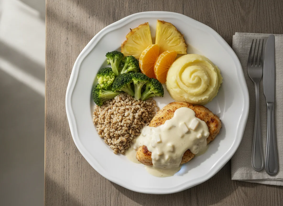 Frango com puré de batata, brócolos, espelta e fruta photo