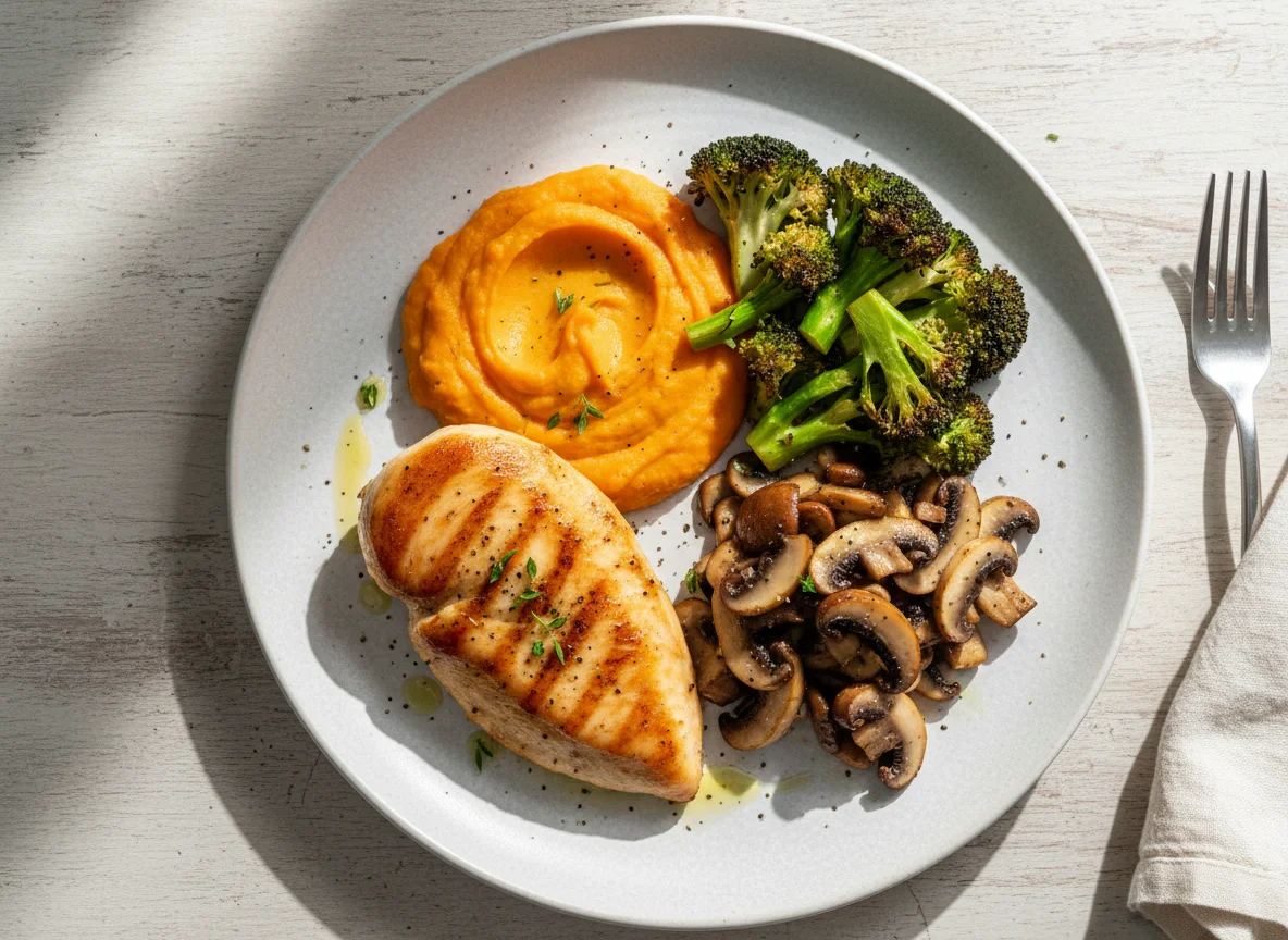 Frango com purê de batata doce, brócolis e cogumelos photo