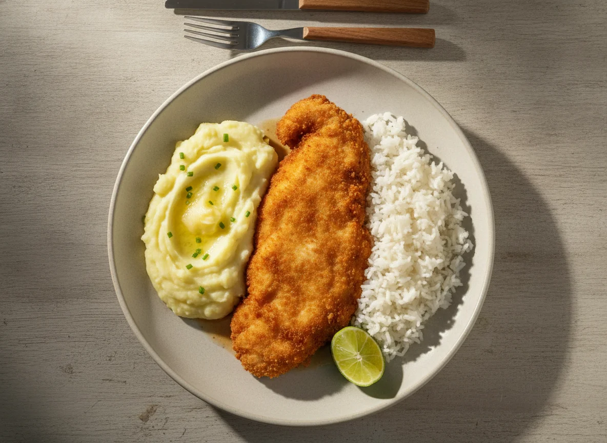 Frango com purê de batata e arroz photo