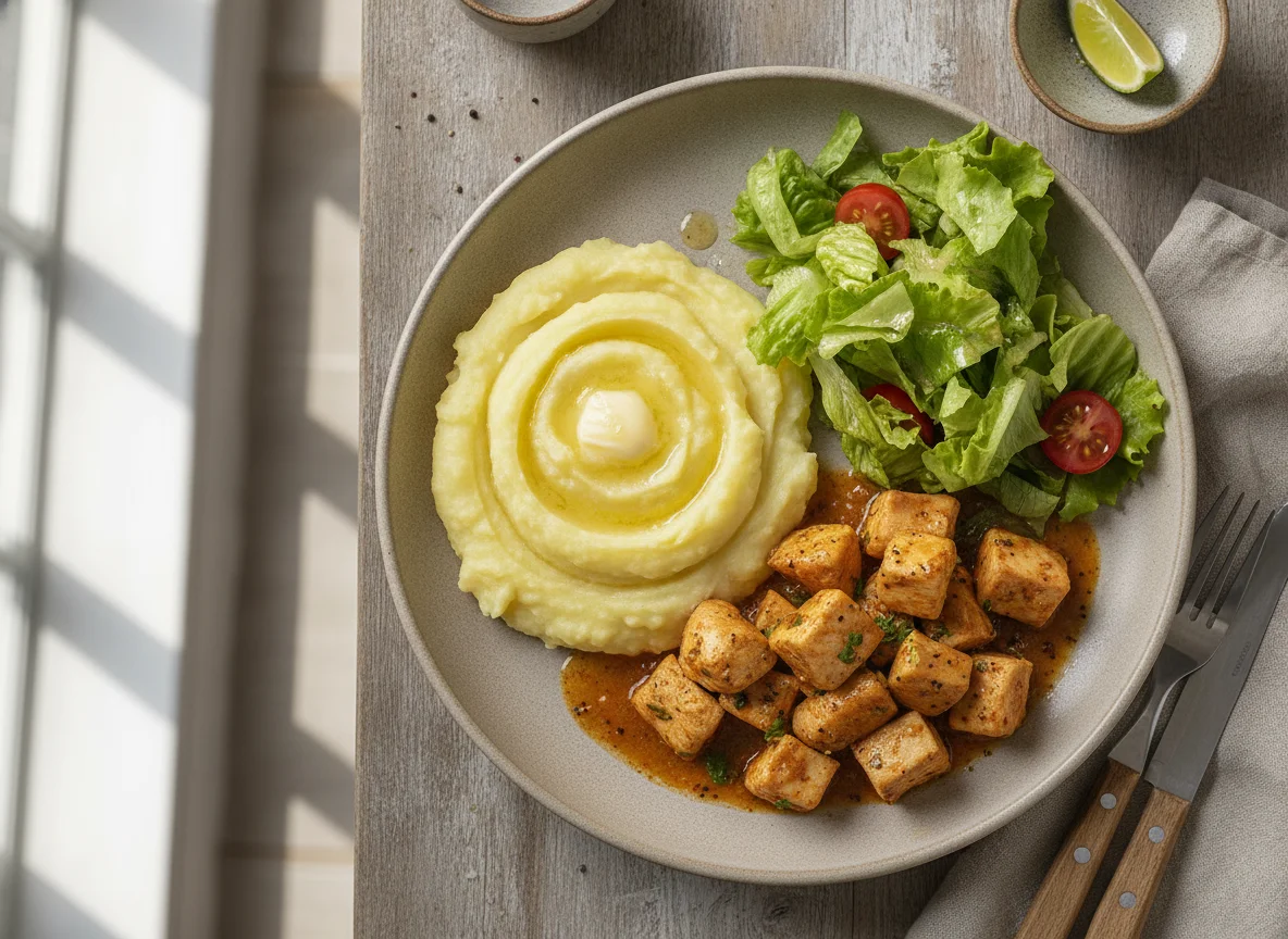 Frango com purê de batata e salada photo