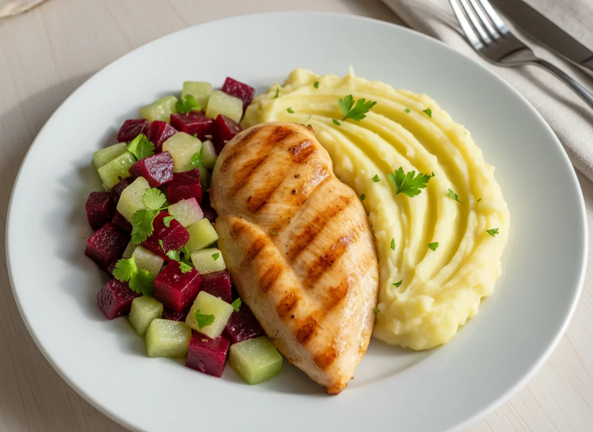 Frango com purê e salada de beterraba e chuchu photo