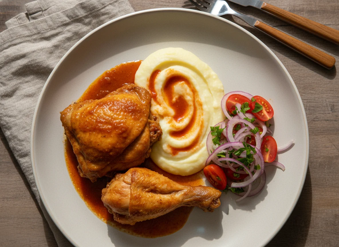 Frango com purê e salada de cebola photo