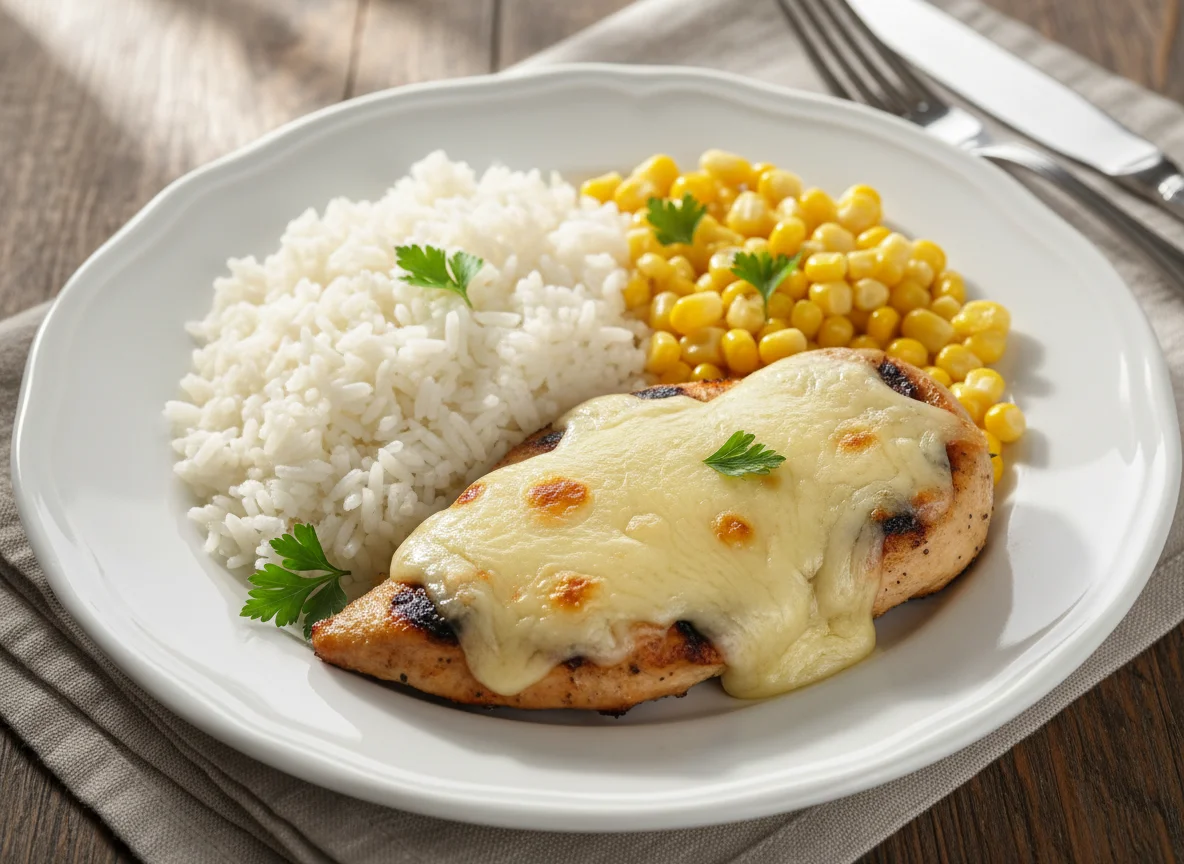 Frango com queijo, arroz e milho photo